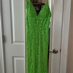Sherri Hill Neon Green Lace & Sequin V-Neck Maxi Dress
